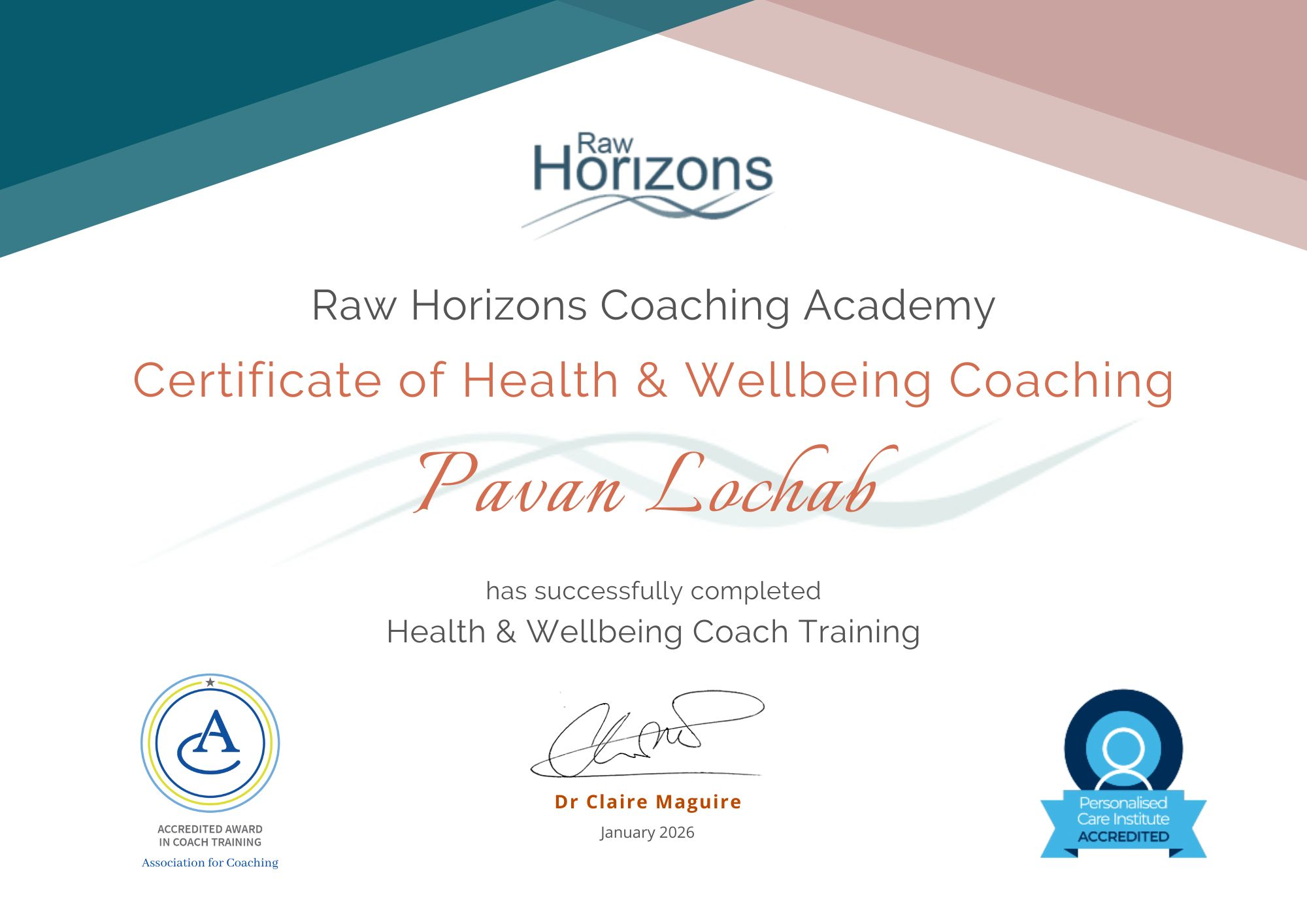 Pavan Lochab's Health & Wellbeing Coaching certificate